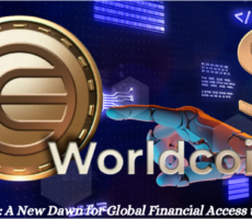 Worldcoin logo against a background of interconnected nodes.