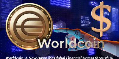 Worldcoin logo against a background of interconnected nodes.