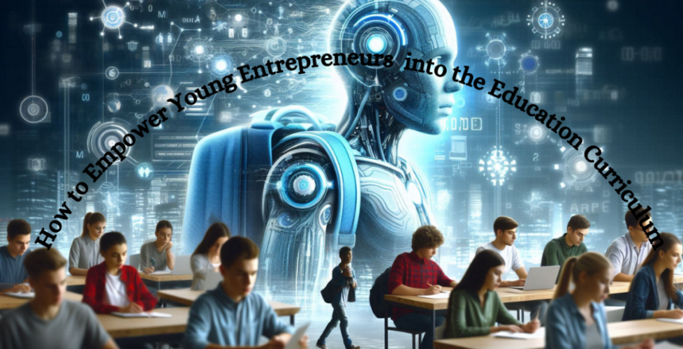 A diverse group of students collaborate in a classroom setting, engaging in entrepreneurial activities and utilizing technology to empower future entrepreneurs.