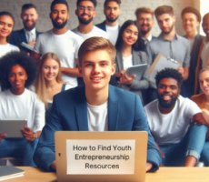 A diverse group of young entrepreneurs collaborating on a project with a laptop and various brainstorming materials spread out on the table, representing youth entrepreneurship.