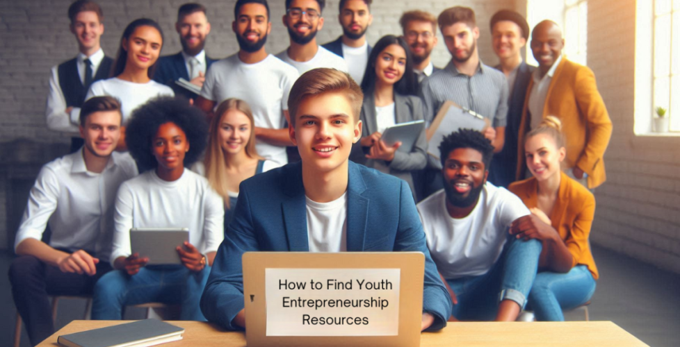 A diverse group of young entrepreneurs collaborating on a project with a laptop and various brainstorming materials spread out on the table, representing youth entrepreneurship.