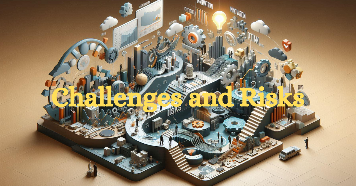 Three-dimensional visualization depicting challenges and risks in incremental innovation, with dynamic visual elements representing innovation and risks.