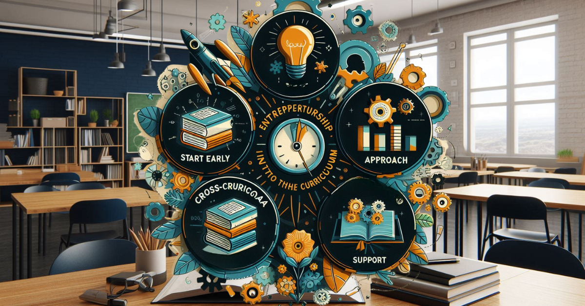 Illustration of gears, lightbulbs, and business icons symbolizing entrepreneurship education integration across academic disciplines. #entrepreneurs