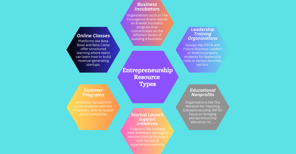 A simple image featuring various resources such as books, websites, mentors, and workshops, specifically tailored to support Youth Entrepreneurship.