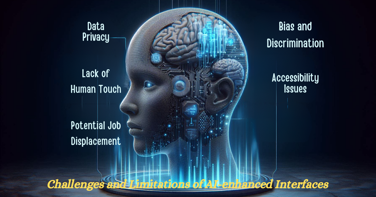 An illustration depicting the challenges and limitations of AI-enhanced interfaces, showcasing the hurdles in their implementation and effectiveness.