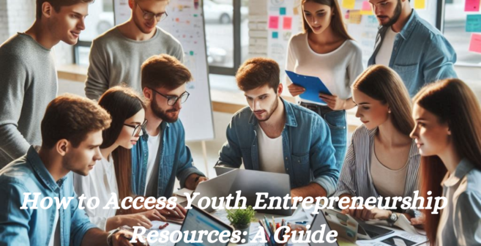 Group of young adults in a modern room with laptops and papers, discussing Entrepreneurship resources.