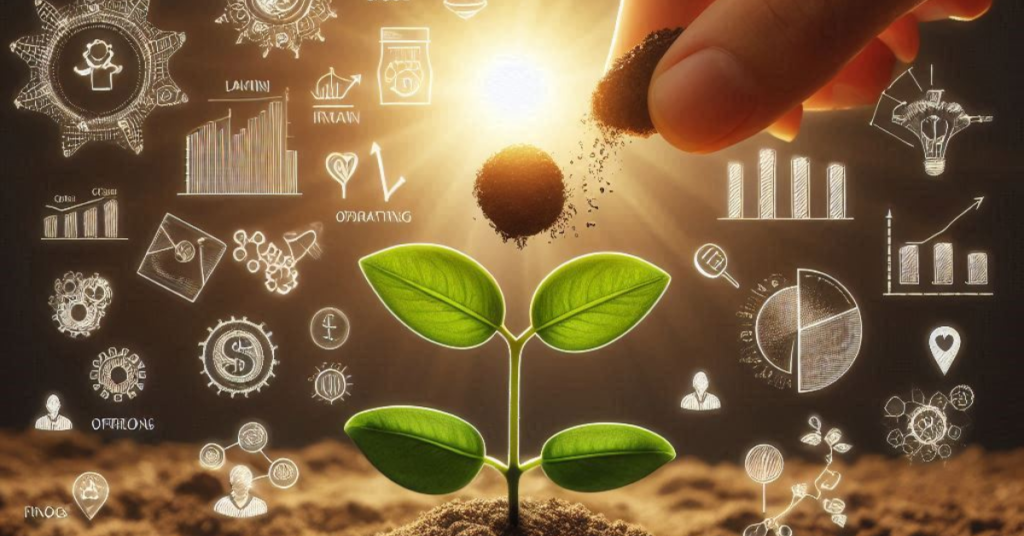 Image of a seed planted in rich soil, growing into a sapling representing stages of your business (marketing, operations, finances). The sapling matures into a complex tree with branches symbolizing departments and strategies, bearing fruit labeled 'Well-Planned & Financed Business'.