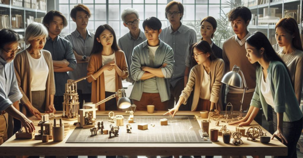 A group of people standing in front of a large table, with various objects and resources scattered around it, discussing resource management strategies.