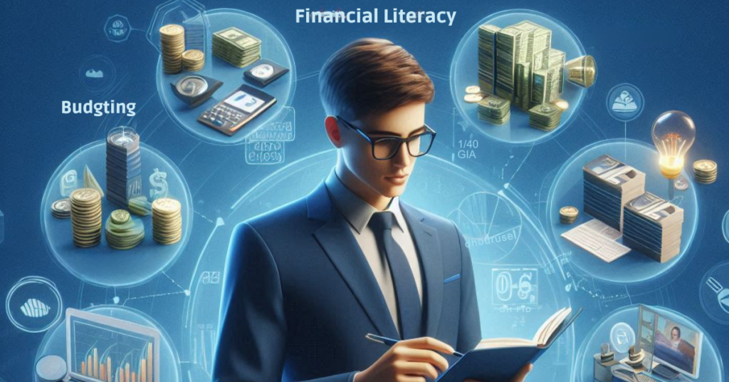 An individual surrounded by financial literacy materials, including books, charts, and a laptop, symbolizing the pursuit of entrepreneurship knowledge.