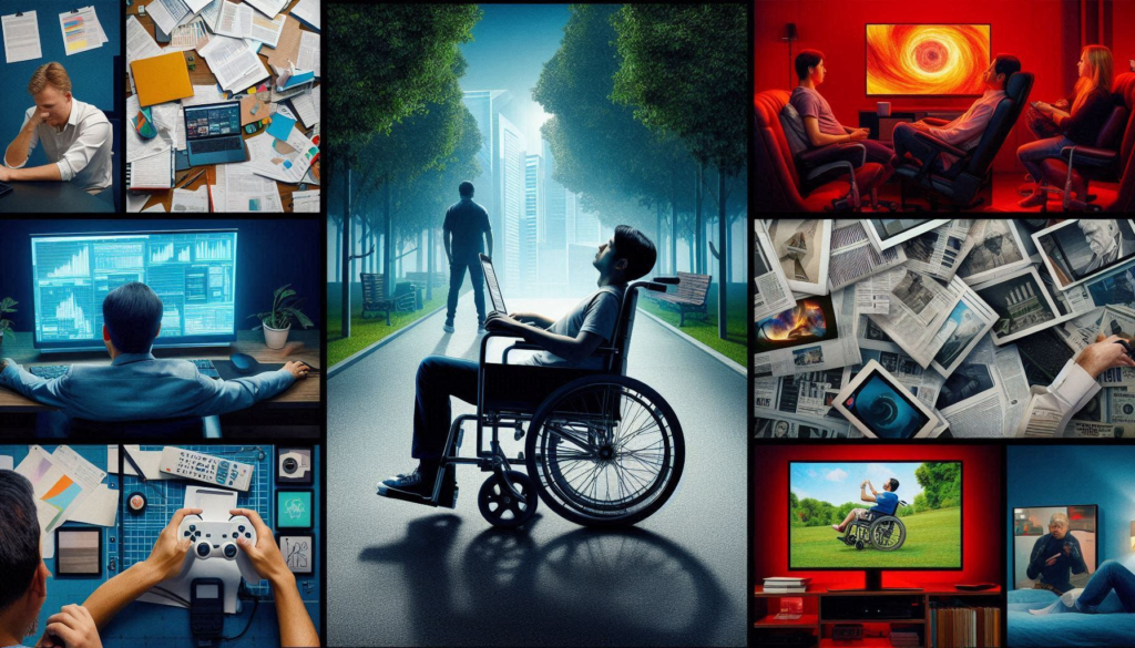 A three-part collage depicting the different groups vulnerable to a sedentary lifestyle: an office worker slouched over at a desk, a person in a wheelchair facing away from a park, and a montage of screens including a TV, gaming console, and smartphone.