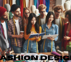 A group of people standing around a table, discussing various fashion design concepts.