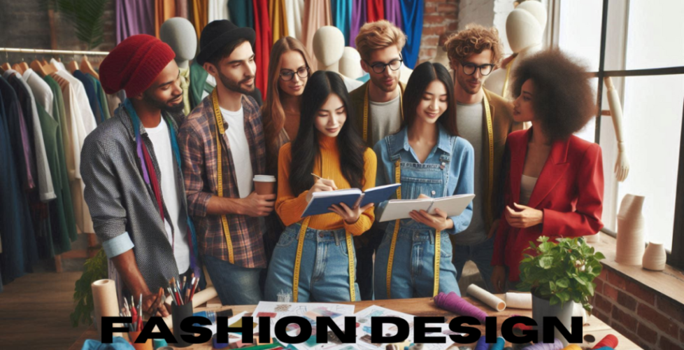 A group of people standing around a table, discussing various fashion design concepts.