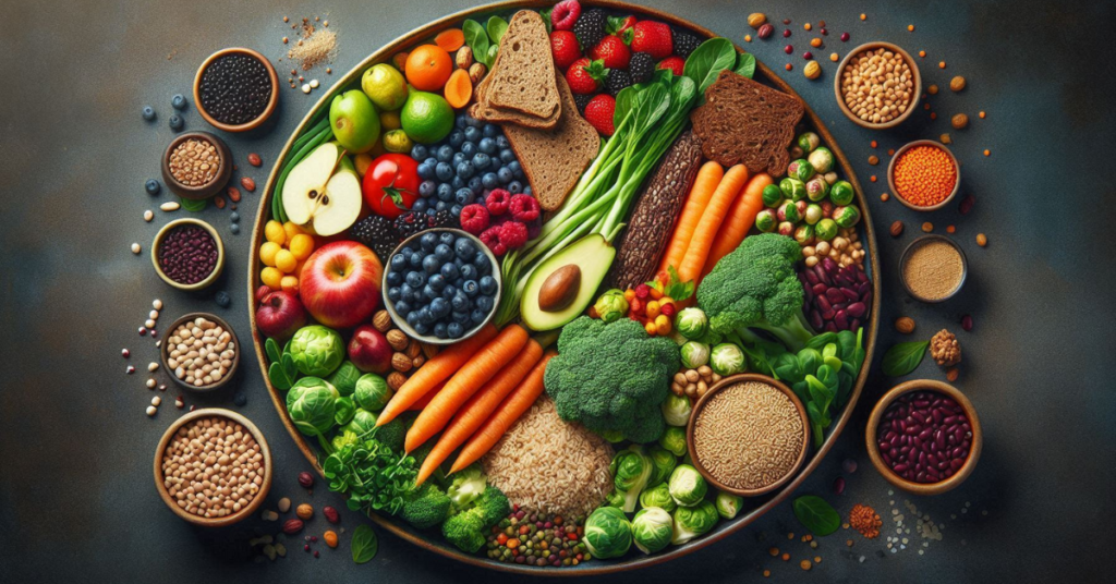 A plate filled with a variety of colorful, high-fiber foods, including whole grains, fruits, vegetables, and legumes, illustrating a healthy diet.