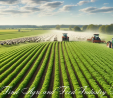 A green field with rows of crops, dairy cows grazing in the distance, a flock of geese flying overhead, and a tractor tending to the land, illustrating abundant agricultural resources for the agri and food industry.