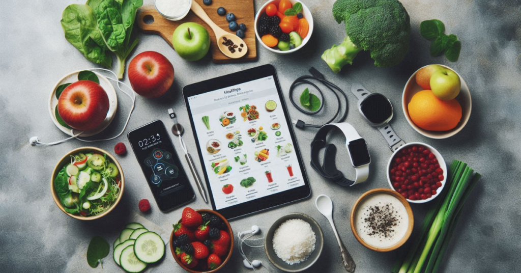 An overhead shot of a table with healthy foods, a smartphone, a fitness tracker, and a tablet displaying recipes, connecting technology with a healthy diet.