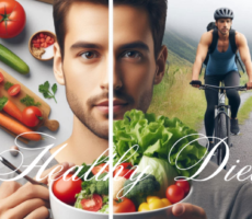 A split-screen image showing a person enjoying a healthy diet by preparing or eating a meal, and another person engaging in an active lifestyle, such as hiking, biking, or practicing yoga.