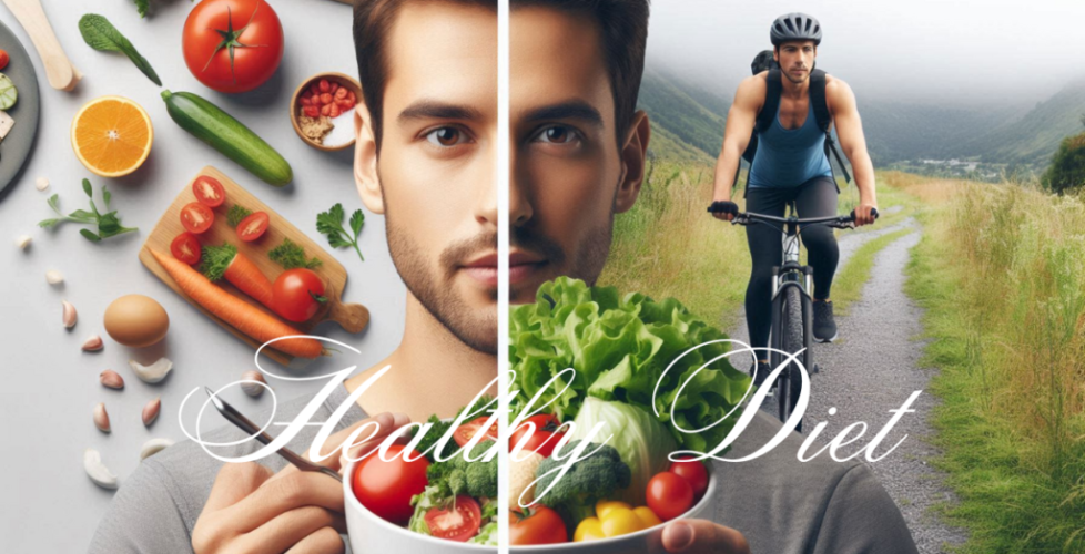 A split-screen image showing a person enjoying a healthy diet by preparing or eating a meal, and another person engaging in an active lifestyle, such as hiking, biking, or practicing yoga.