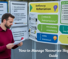 A person stands at a crossroads with signs pointing to "efficiency" and "prioritization". The background shows scattered resources, with a neatly organized toolkit on one side and a pile of cluttered papers and empty boxes on the other.