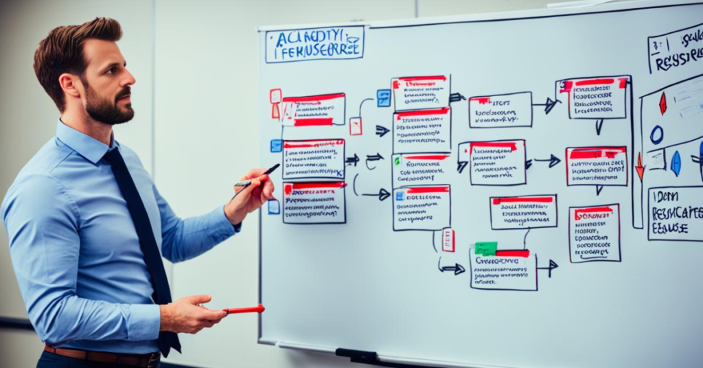 A person in a suit stands in front of a whiteboard drawing a flowchart for resource management with a red marker. The flowchart includes stages like "Identify Resources," "Allocate Resources," "Monitor Resource Usage," and "Evaluate Resource Performance," connected by arrows. Shelves filled with binders and files are in the background.