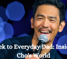 Actor John Cho in a casual setting, embodying his transformation from a Star Trek character to an everyday dad.