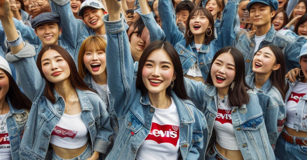 A diverse crowd at a festival wearing Levi's denim, energetically cheering and dancing, with some taking selfies, showcasing unity through individual fashion.