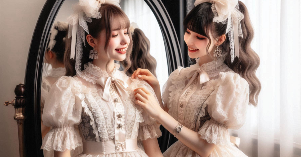 Two young women dressed in Lolita fashion, helping each other with outfit details in front of a mirror. Their shared laughter and camaraderie are as vivid as the lace and frills of their dresses.