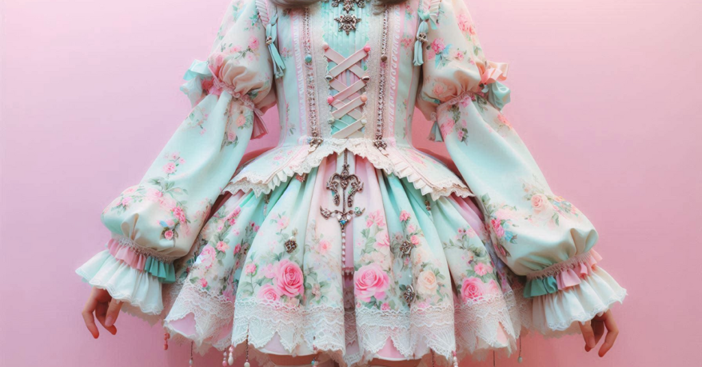 An intricate Lolita fashion incorporating pastel colors, floral motifs, and lace details, reflecting Rococo influences with a modern, youthful twist.