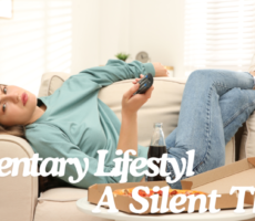 Woman sitting on a couch watching TV, exemplifying a sedentary lifestyle.