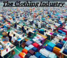 A bustling clothing industry setup with machinery and workers.