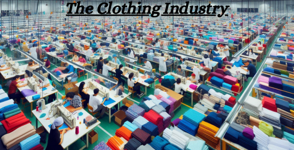 A bustling clothing industry setup with machinery and workers.