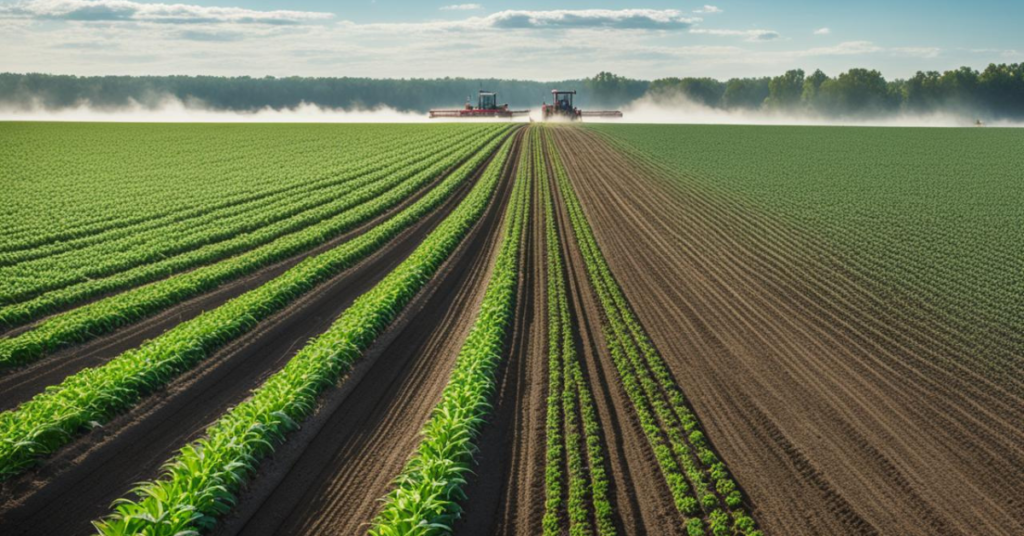 Farmers working in a large crop field with tools like shovels and plows, under a clear blue sky, highlighting agricultural resources in action.