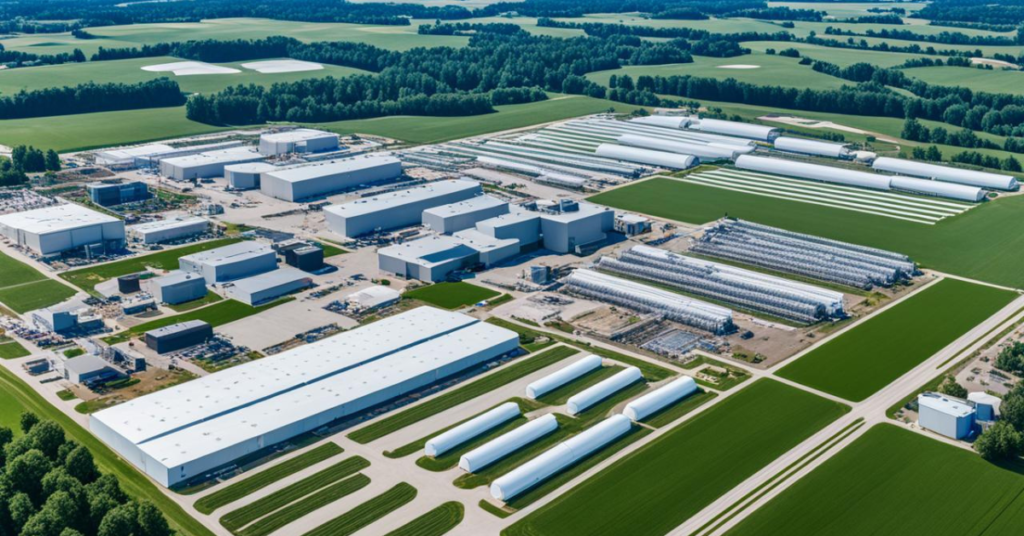 A comprehensive view of food and beverage production facilities and farmland, interconnected with lines highlighting the utilization of various resources including government subsidies, agricultural research centers, industry associations, and supply chain partners.