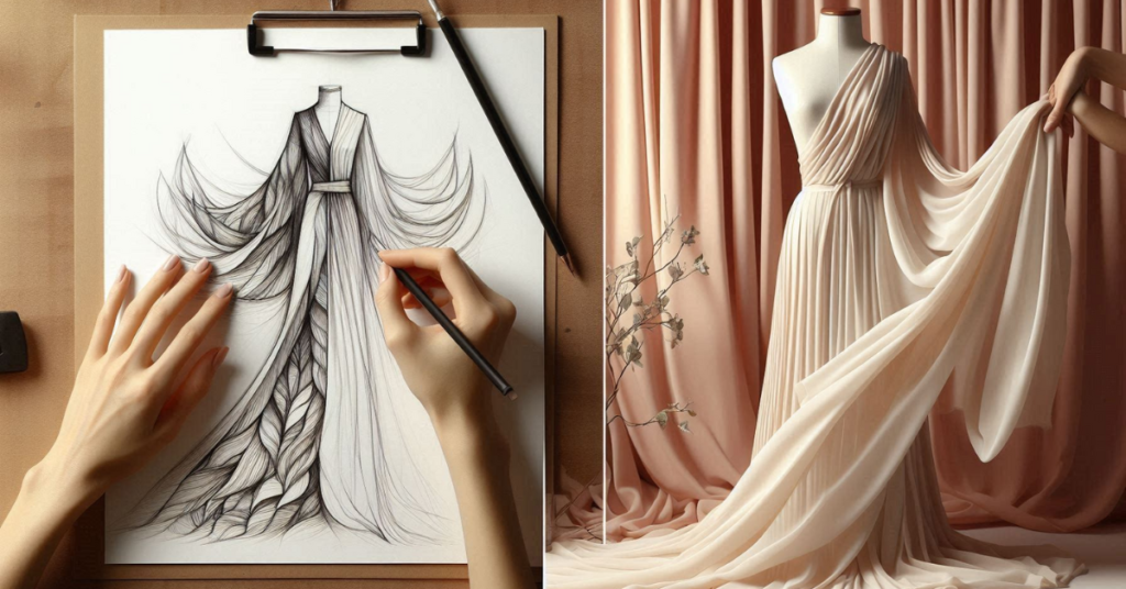 A diptych image illustrating the transition from a 2D sketch to a 3D dress form in Fashion Design. The left side shows a detailed hand sketch of a flowing garment design, while the right side depicts hands draping fabric onto a dress form.