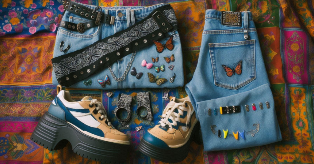 Flat lay photograph of vintage Y2K fashion pieces, including butterfly clips, bandanas, low-rise jeans with a studded belt, and chunky platform shoes on a vibrant, patterned fabric background with neon colors.