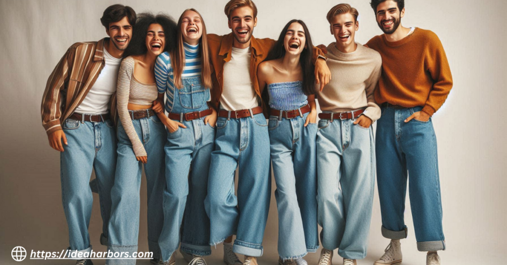 A diverse group of friends laughing and having fun, all wearing wide-leg jeans in different styles, representing Gen Z's influence on fashion.