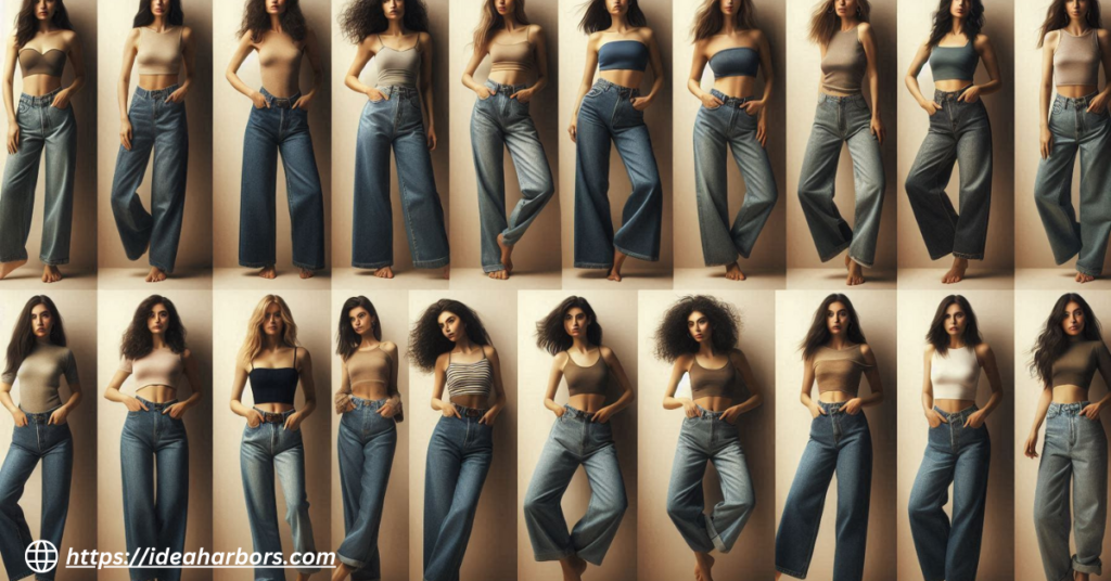 A realistic collage showcasing diverse body types, ages, and styles, all wearing wide-leg jeans in different washes, rises, and styles, highlighting personalized looks.