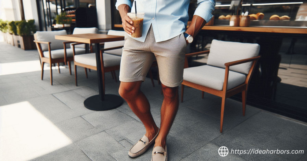  A stylish man in Men's Apparel; tailored shorts, a crisp button-down shirt, loafers and sunglasses, enjoying an iced coffee at an outdoor cafe on a sunny day.