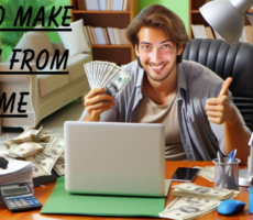 A young man working from home, smiling and holding a fan of cash, surrounded by stacks of money and a laptop on his desk. The scene emphasizes the concept of earning money from the comfort of one's own home.