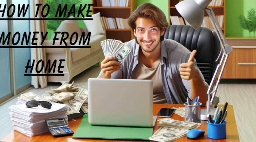 A young man working from home, smiling and holding a fan of cash, surrounded by stacks of money and a laptop on his desk. The scene emphasizes the concept of earning money from the comfort of one's own home.