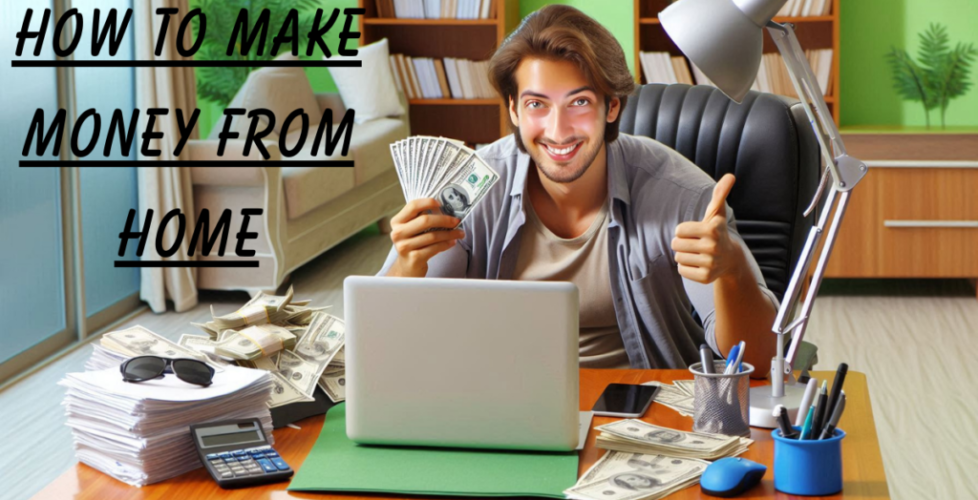 A young man working from home, smiling and holding a fan of cash, surrounded by stacks of money and a laptop on his desk. The scene emphasizes the concept of earning money from the comfort of one's own home.