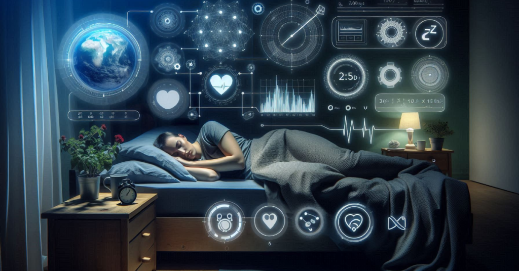 An image of a person sleeping in bed, surrounded by futuristic elements and data visualizations related to tracking sleep. The visual elements include heart rate, brain activity, and other metrics displayed on a high-tech interface, emphasizing the monitoring and analysis of sleep patterns.