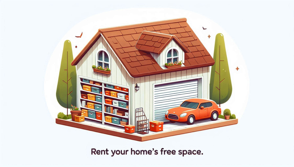  A garage with organized shelves filled with storage boxes and a parked car. The text "Rent your home's free space" is displayed below, suggesting an idea for making money by renting out unused areas in your home. The illustration highlights how utilizing free space can generate additional income.