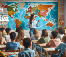 A woman teacher standing at the front of a classroom, engaging students with a lesson on travel education, with maps and travel posters adorning the walls.