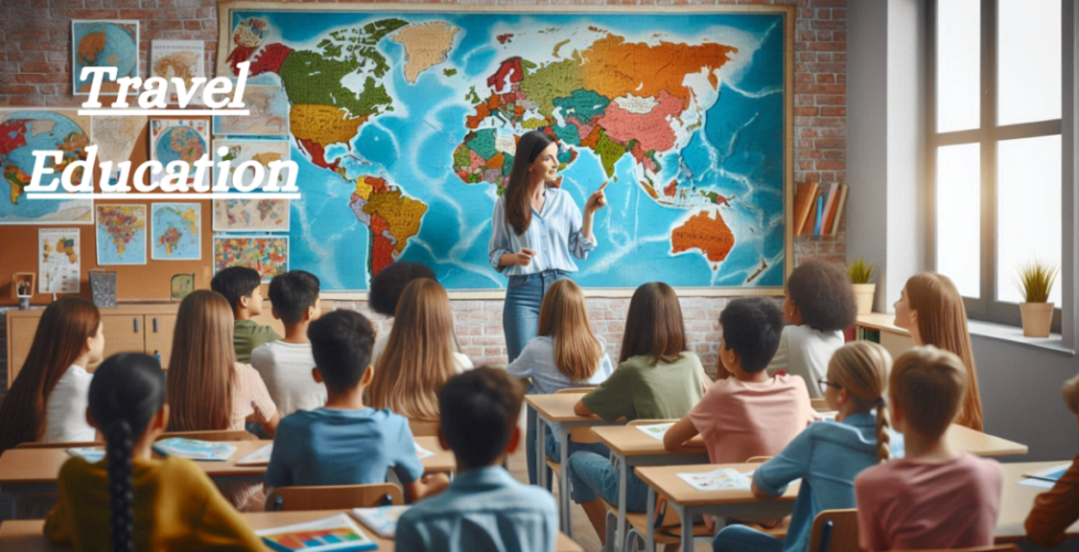 A woman teacher standing at the front of a classroom, engaging students with a lesson on travel education, with maps and travel posters adorning the walls.