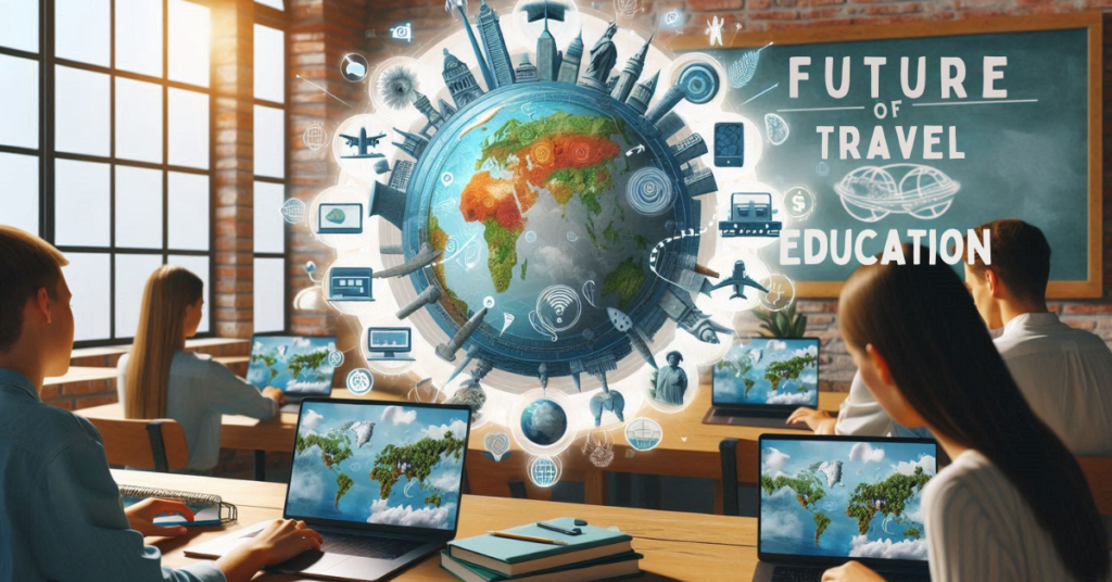 A futuristic depiction of the evolving landscape of travel education, showcasing sustainable travel programs, virtual experiences, and a focus on sustainability and inclusivity.