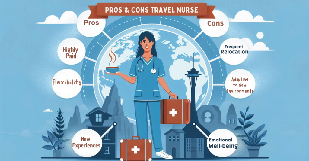 Graphic illustrating the pros and cons of being a travel nurse, with icons representing travel opportunities, flexible schedules.