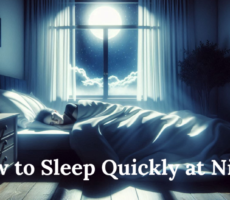 A person sleeping peacefully in bed at night, with the moon shining brightly through the window and the text 'How to Sleep Quickly at Night' displayed at the bottom.