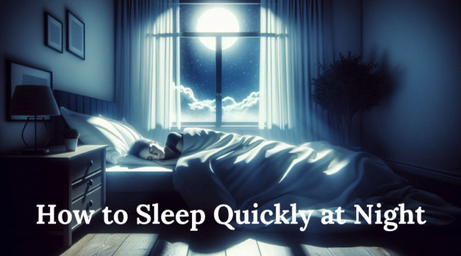 A person sleeping peacefully in bed at night, with the moon shining brightly through the window and the text 'How to Sleep Quickly at Night' displayed at the bottom.