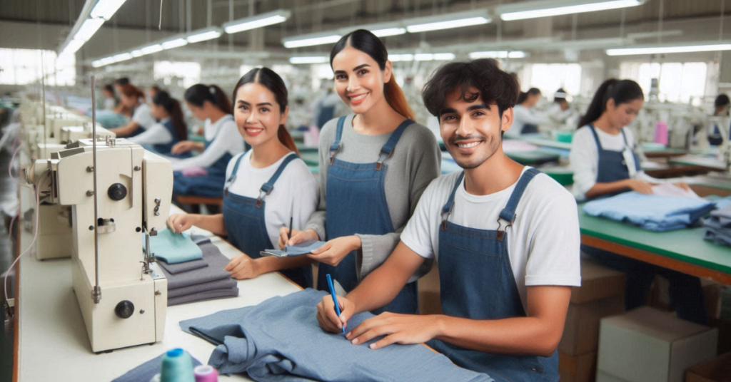 Workers in a garment factory, showcasing a positive working environment with fair wages and safe conditions in the clothing industry.