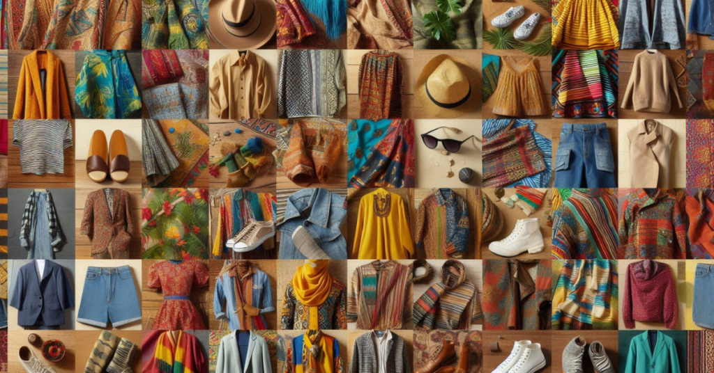 A collage of diverse clothing styles from around the world, showcasing the global nature of the clothing industry.